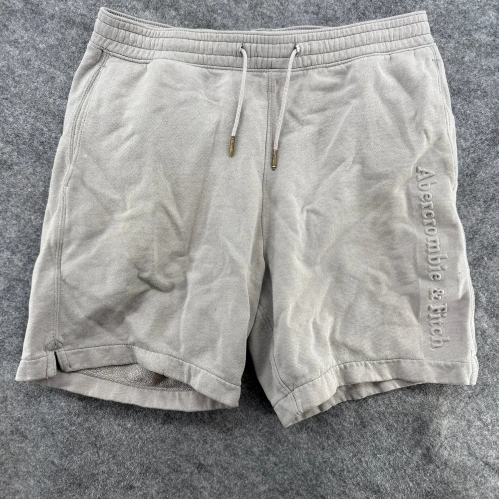 Abercrombie & Fitch Sweat Shorts Mens S Tan Embossed Logo Fleece Drawstring - Picture 3 of 16